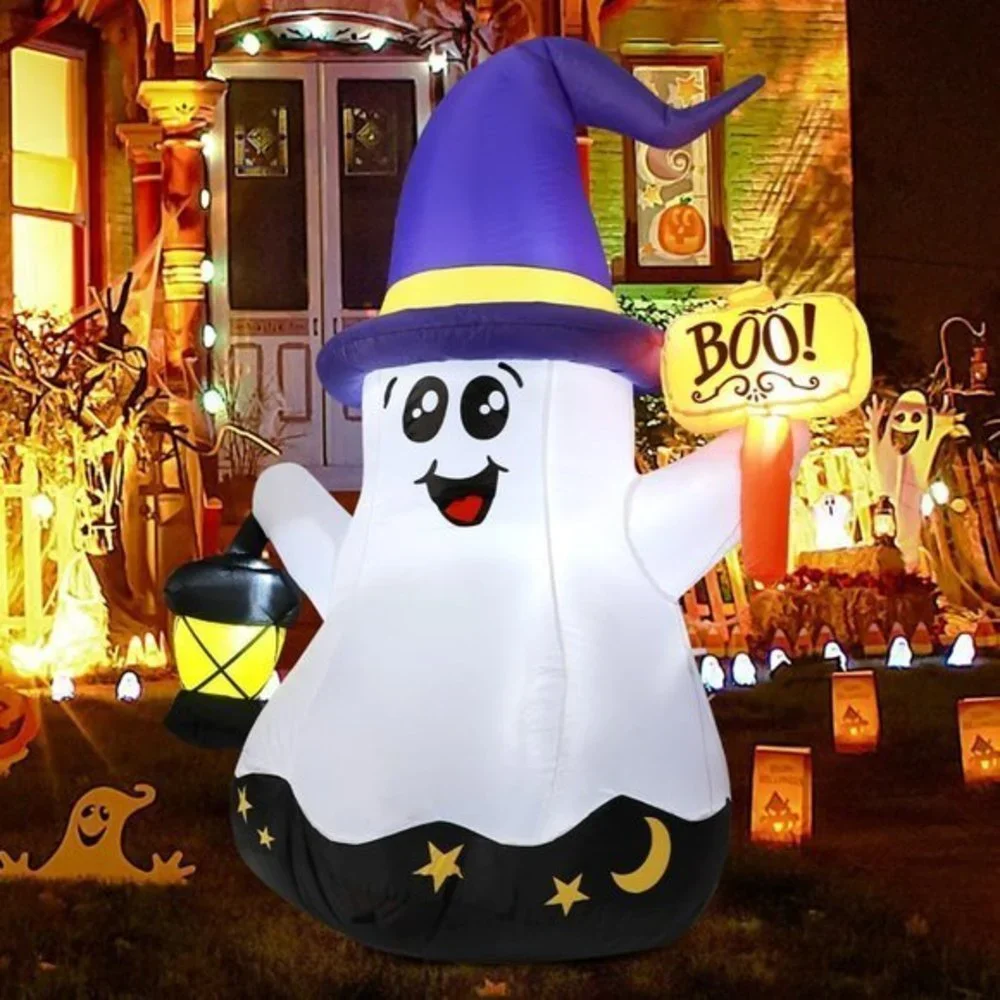 Home Decor 5 Foot Halloween Inflatable White Wizard Ghost‎ with Hand Held Light